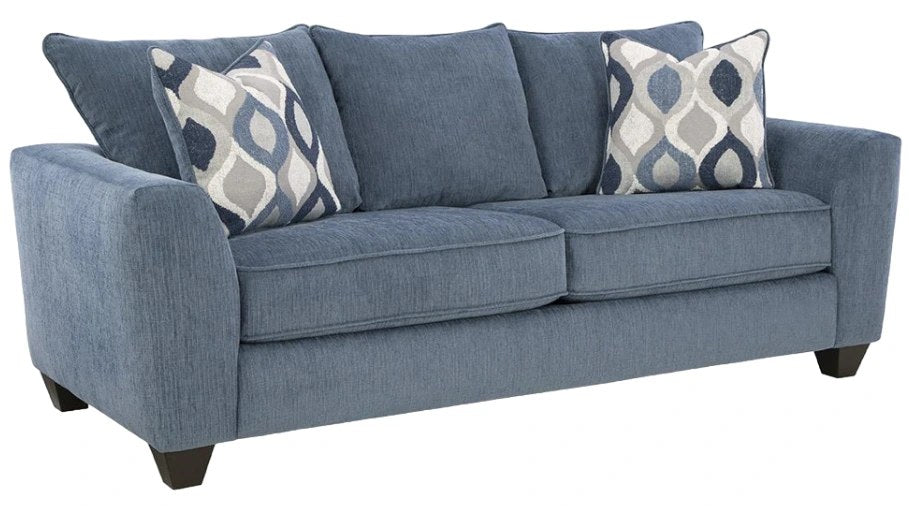 Full front angled view of the Albany blue fabric sofa, showcasing its design and included toss pillows.