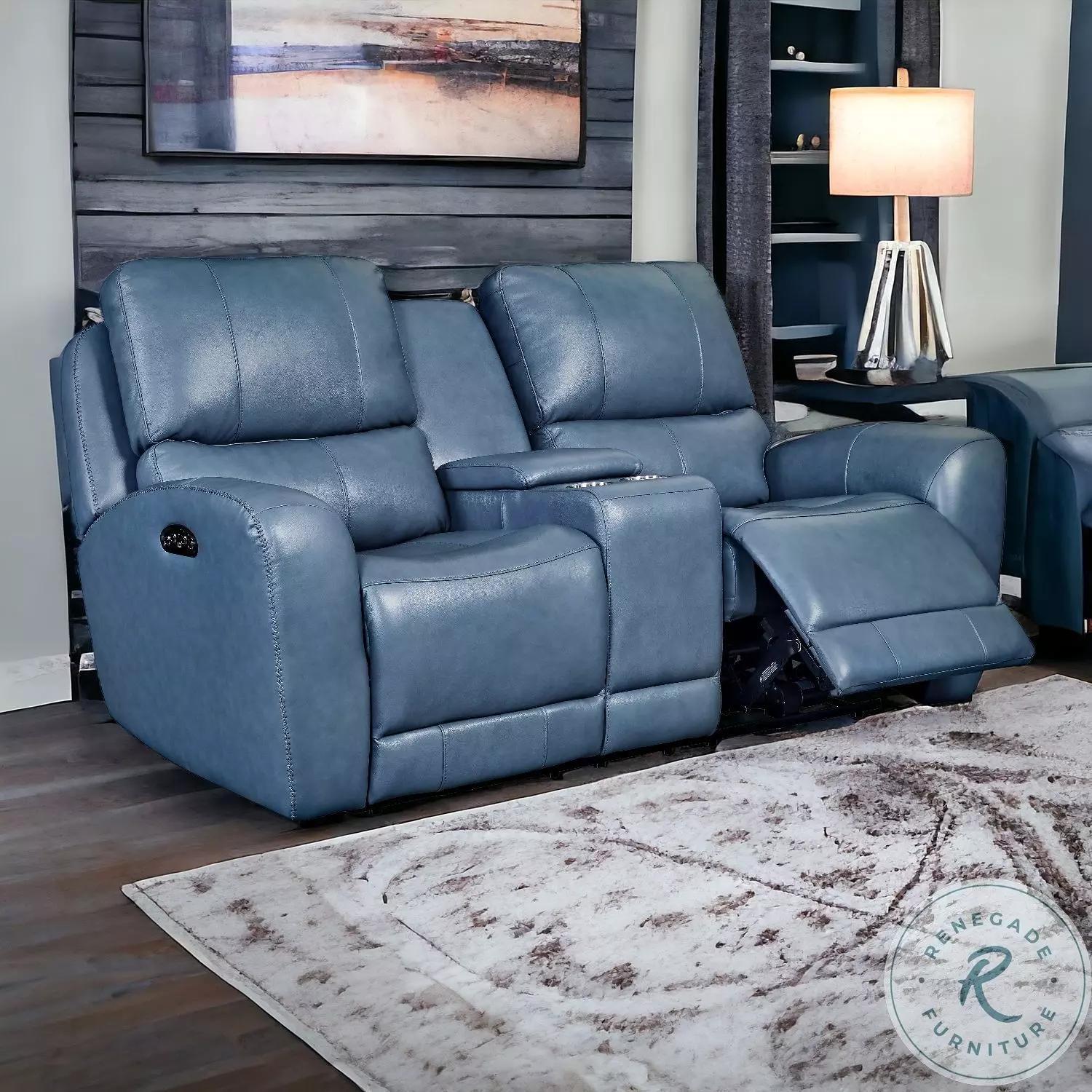Leather Italia Paxton Blue Power Reclining Console Loveseat