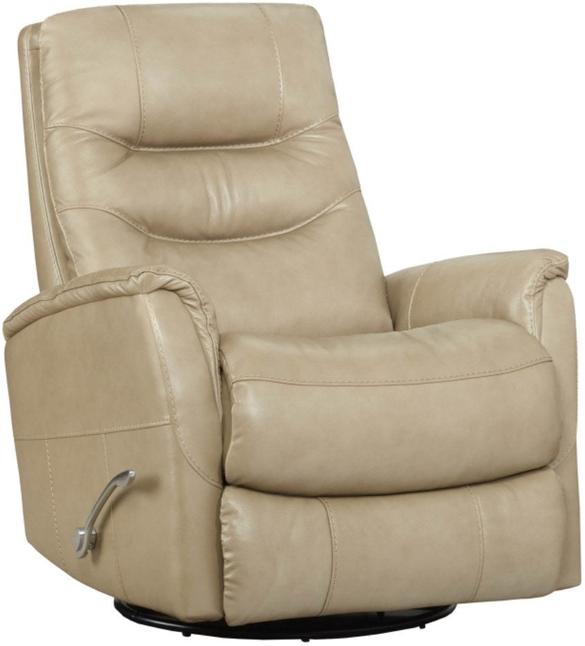 HomStyle Furniture 2509317MUSH swivel glider recliner in light beige leather with a chrome recline handle and black swivel base.
