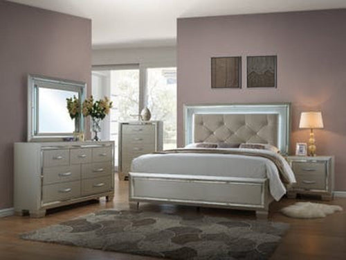 Elements International Queen Bed - Light Beige Tufted LED Headboard, Champagne Mirrored Trim