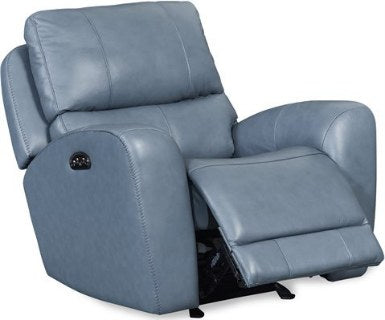 Front-angle view of the matching blue-gray leather power reclining chair with the recliner partially extended.