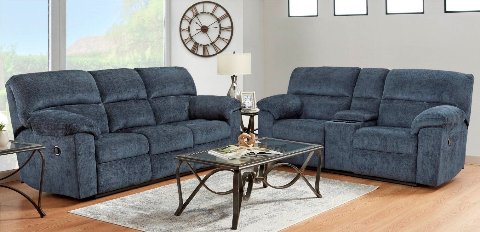 Full view of the loveseat featuring its center console with cup holders, alongside a partial view of the matching sofa, showcasing the set's overall design and color.