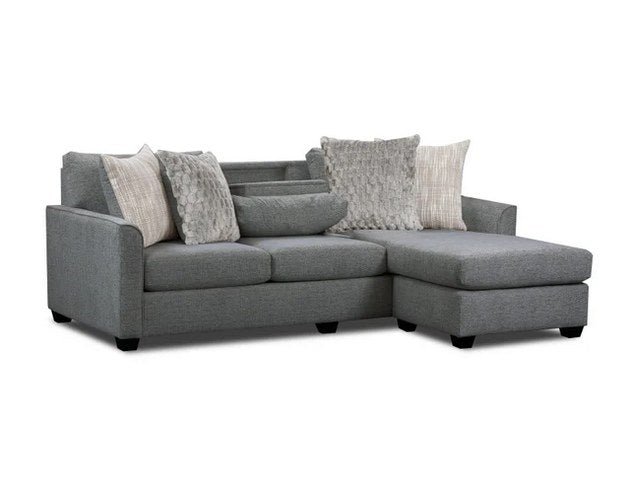 Slightly closer front-angle view of the gray fabric sofa chaise, highlighting cushion details and texture.
