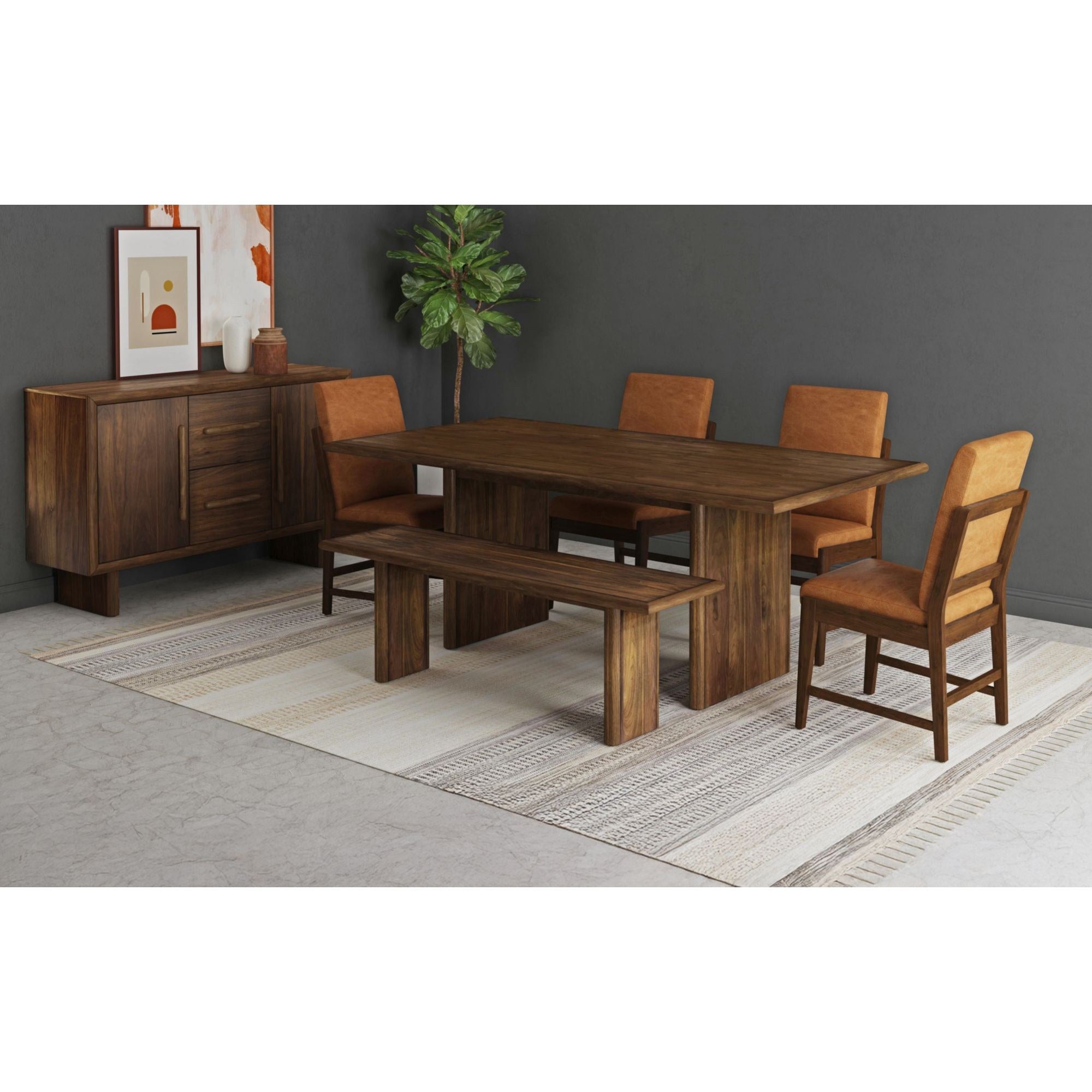 Full view of the Elements International dining collection, featuring a rectangular table, bench, four chairs, and a coordinating sideboard, all in a rich dark wood finish with saddle brown upholstery.