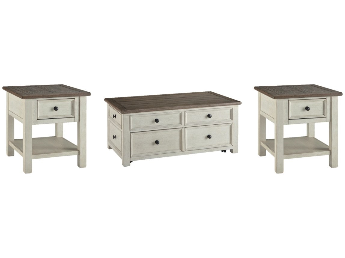 Full front view of two identical rectangular end tables (the product), displayed alongside a matching coffee table. Each end table features a distressed off-white base, a contrasting dark wood-look top, a single storage drawer with a dark knob, and an open lower shelf.