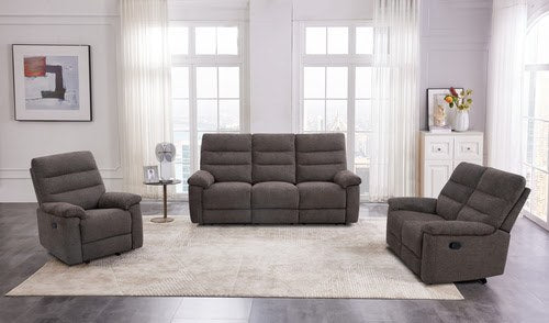 Full living room lifestyle shot showcasing the entire Cheers reclining sofa set, including a three-seater sofa and two single recliners, set against a bright, modern interior.