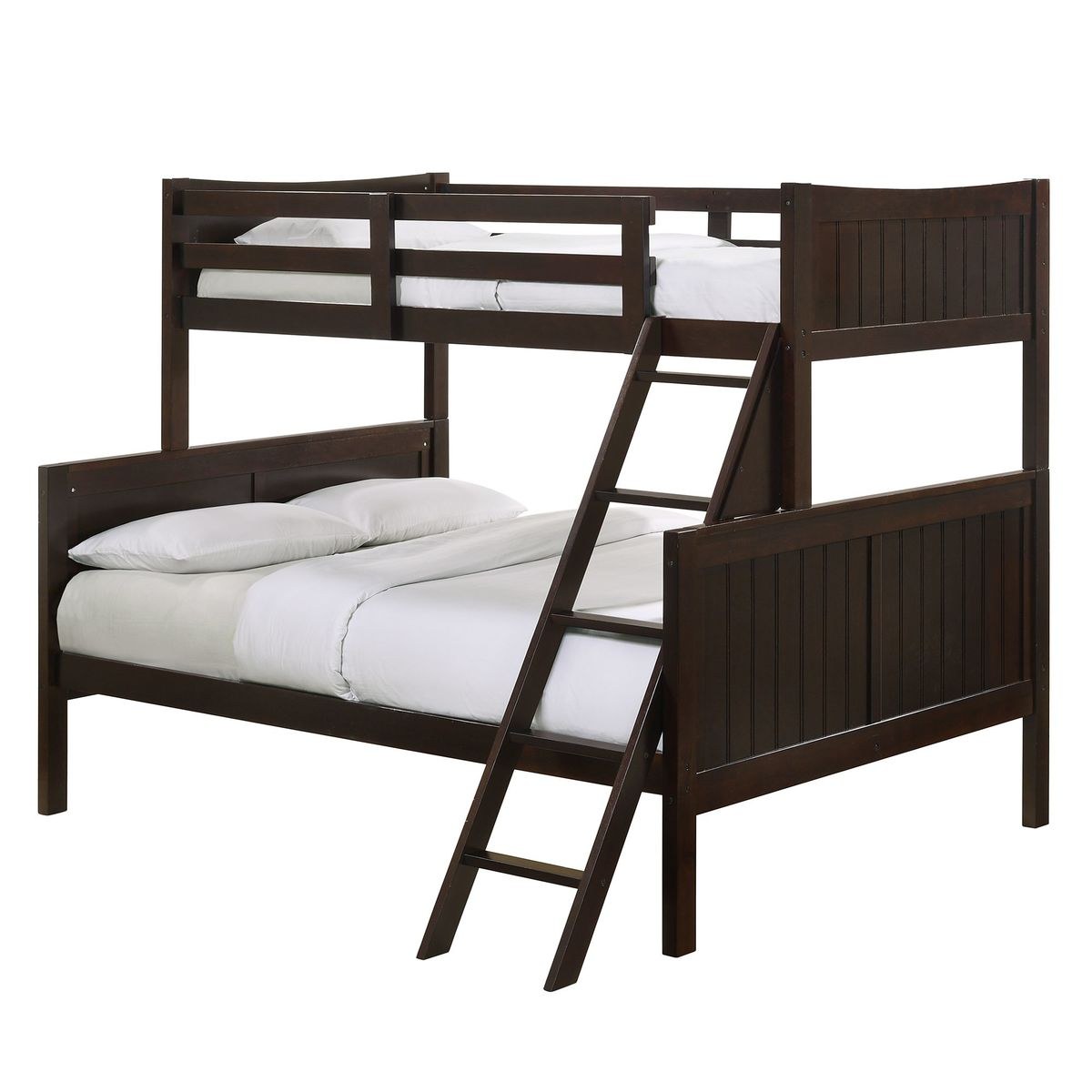 Full front view of the Elements International Twin over Full bunk bed, showcasing its robust wood construction and rich espresso finish.