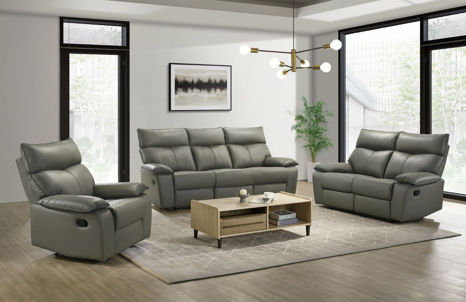 Full view of the entire 3-piece reclining living room set in a modern living space, showcasing the sofa, loveseat, and armchair.