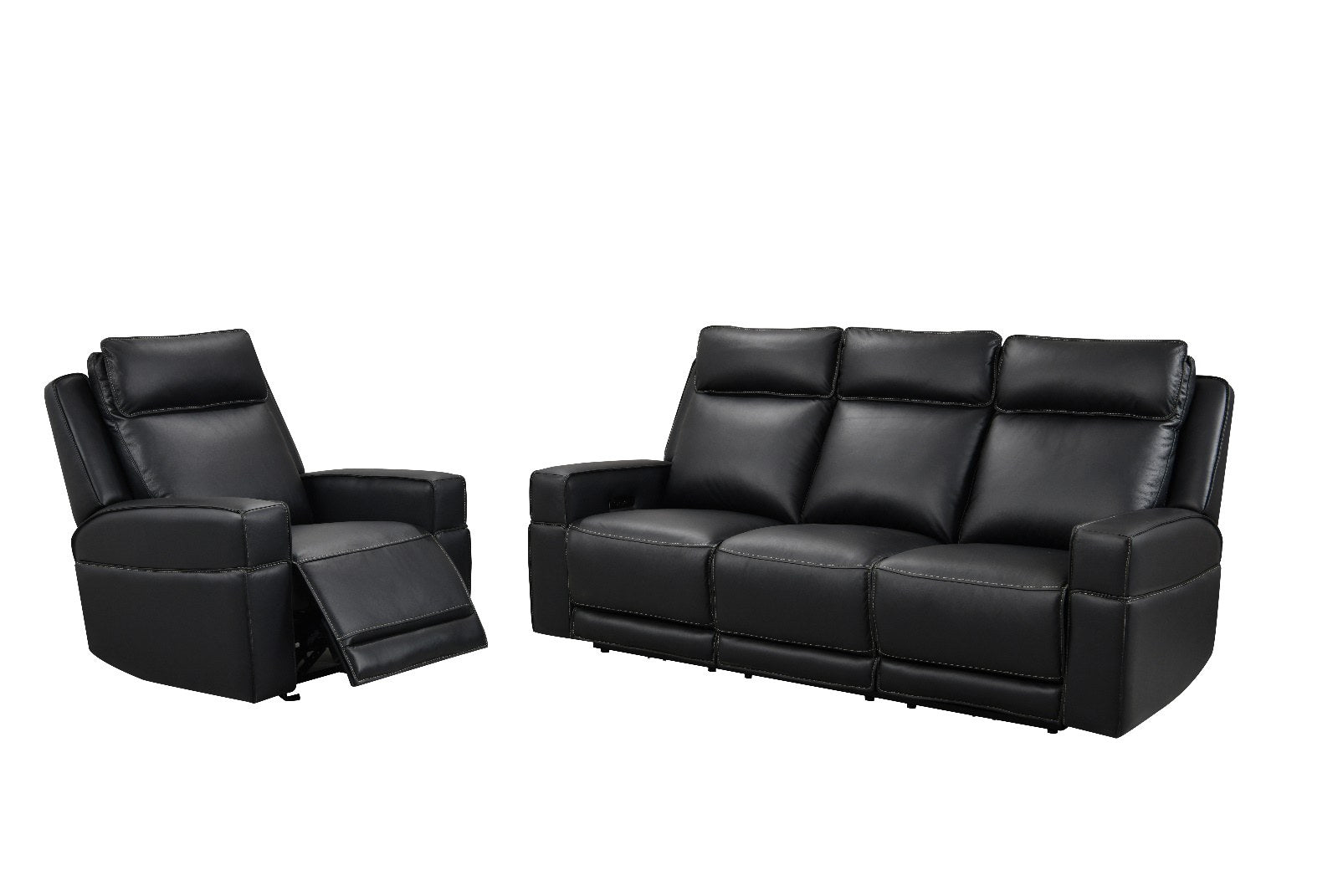 Full view of the 3-seater reclining sofa and matching reclining armchair in black leather.