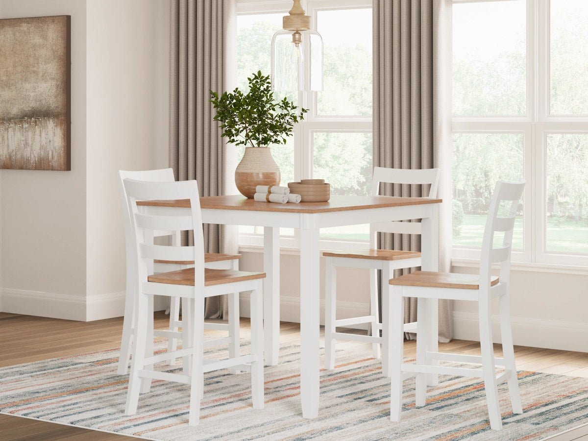 Main product shot showcasing the full design of the pub chairs and table base, highlighting the two-tone finish and the striped area rug from an inviting angle.