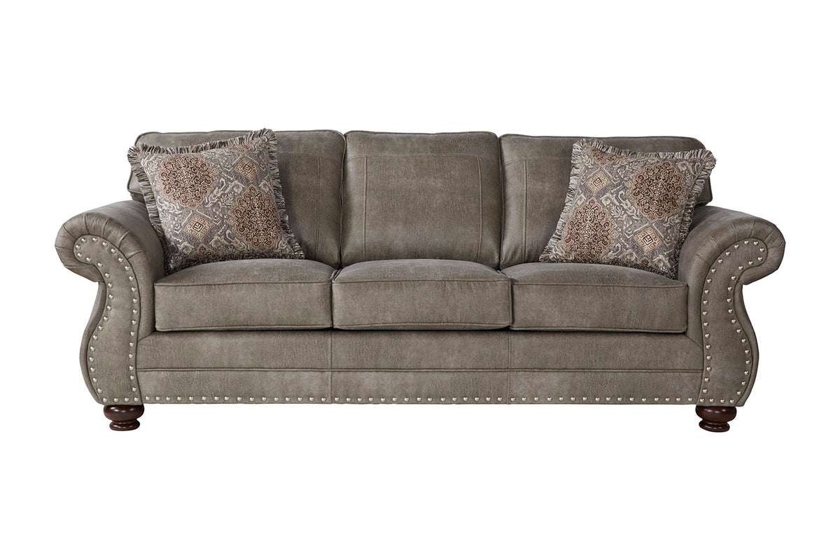 Hughes Furniture 17450S01 Goliath Mica fabric sofa, front view with pewter-tone nailheads