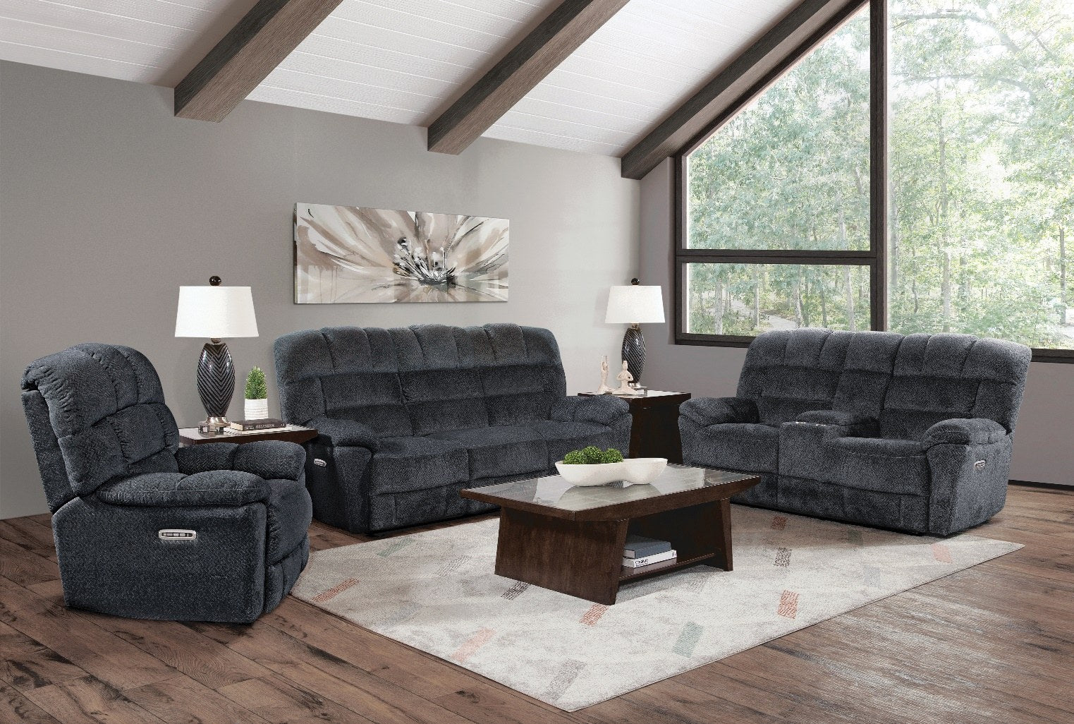A close-up, front-right view of the Corinthian Berkindy Reclining Console Loveseat, highlighting its integrated console, cup holders, and power recline controls.