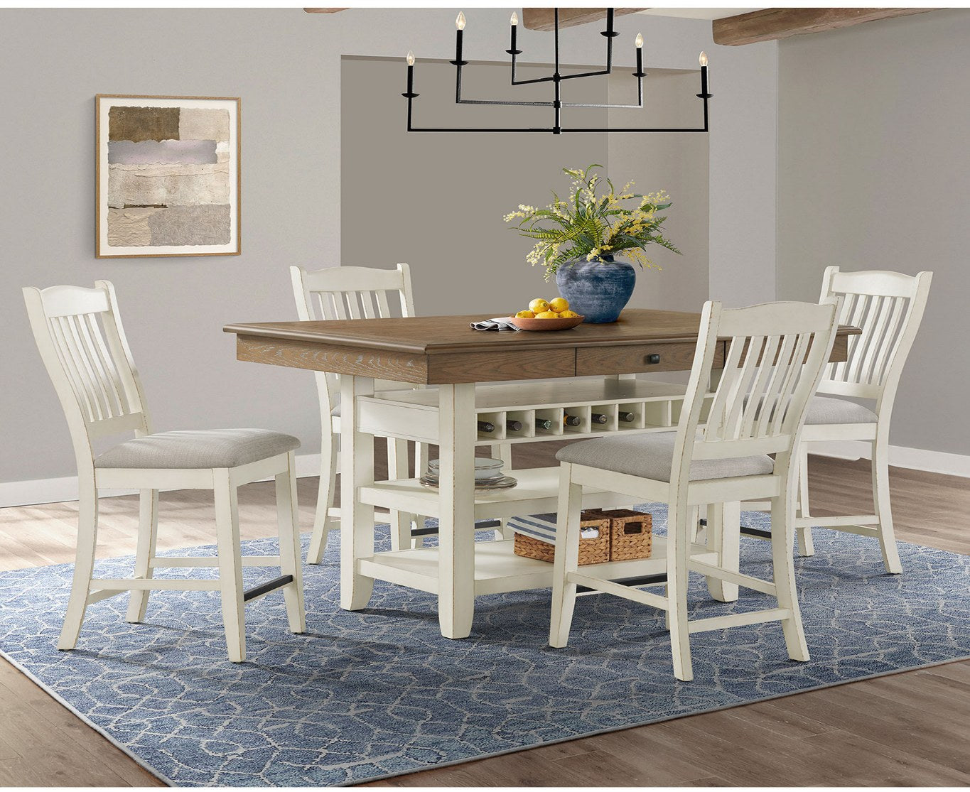 Full view of the two-tone counter height dining set with four chairs, showcasing its overall design, elegant finishes, and functional storage.