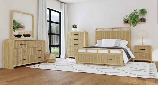 Alternate full bedroom set view showcasing the same modern design in a warm, natural wood finish with black hardware.