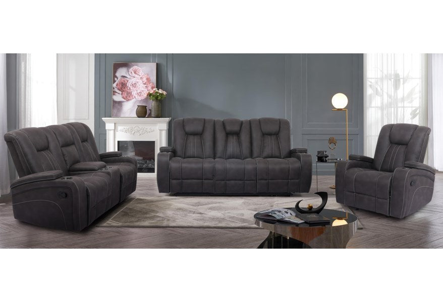 Full view of the Cheers 3-piece modern dark gray reclining living room set in a sophisticated home setting.