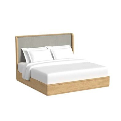 Full front view of the platform bed, showcasing its light wood frame and gray upholstered headboard against a clean white background.