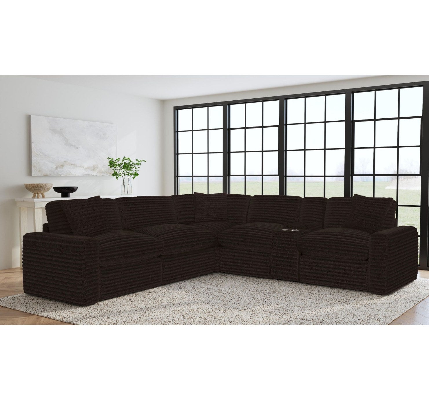 Elements International Masis Espresso 6-Piece Power Reclining Sectional - Dark Brown Ribbed Fabric