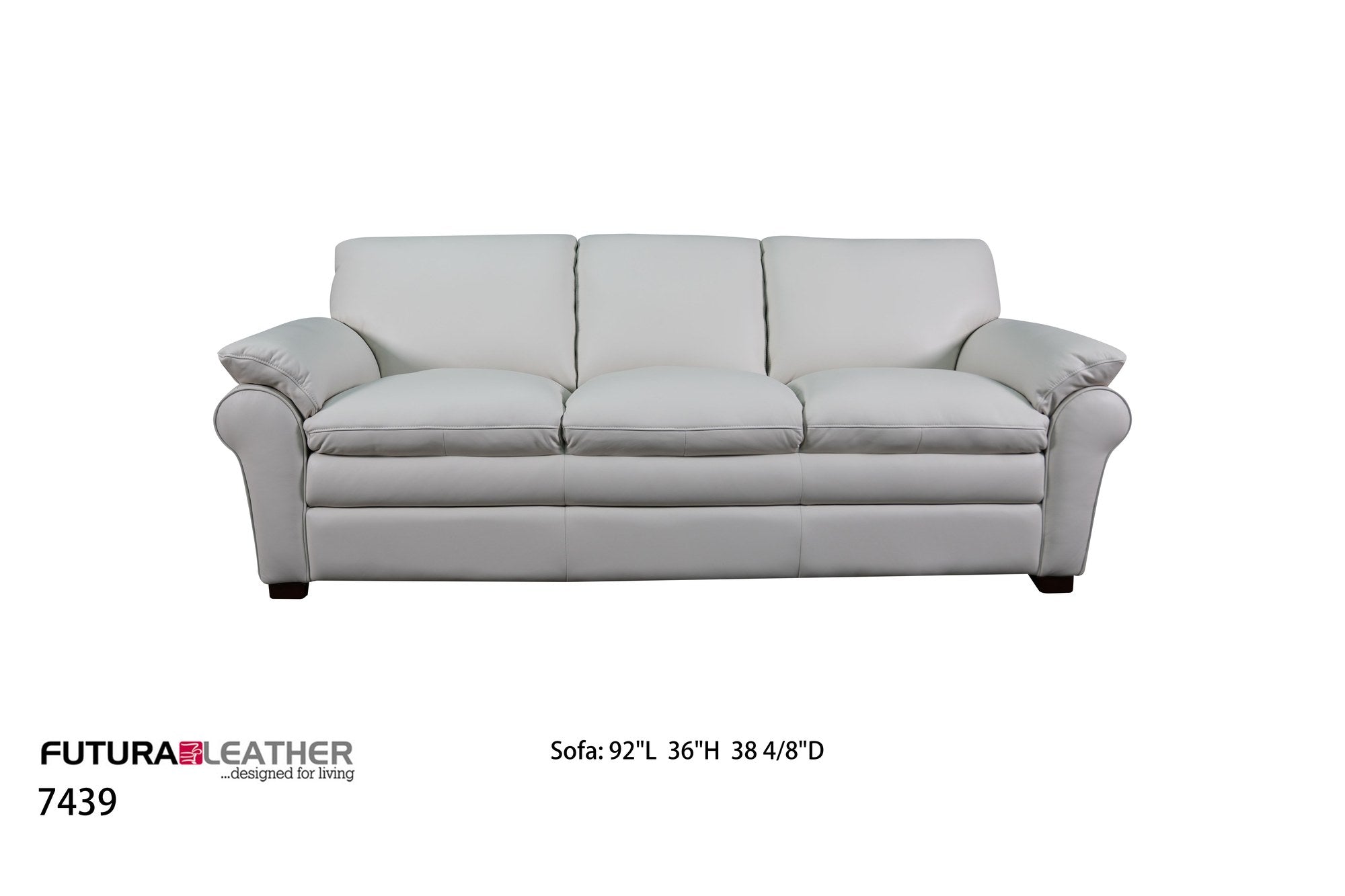 Full front view of the Futura Leather 7439 sofa, showcasing its three-seater design, light neutral leather upholstery, and overall contemporary style.