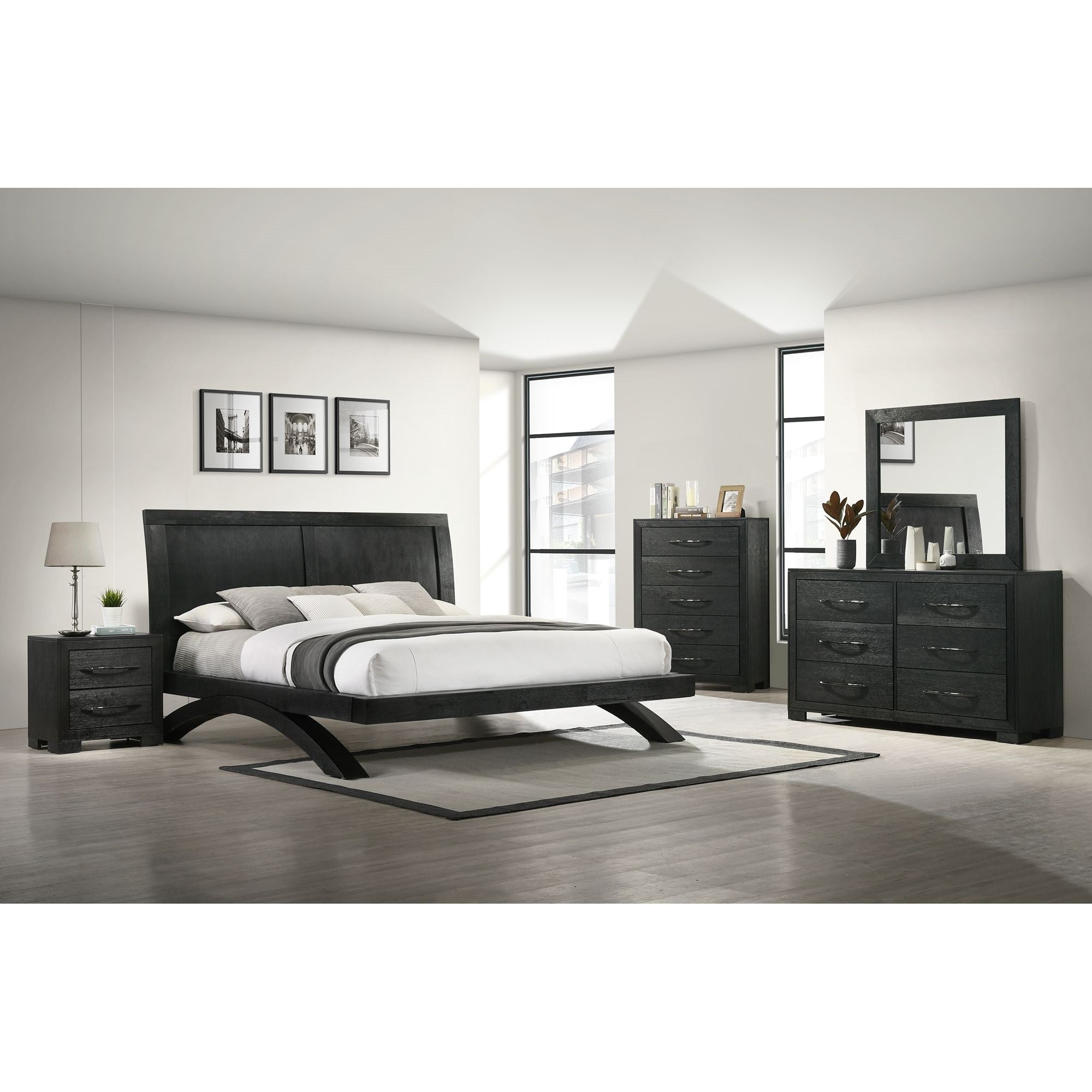 A detailed close-up of the Elements International Vertical Mirror, showcasing its sturdy rectangular frame with a textured dark gray finish, mounted atop a matching dresser.