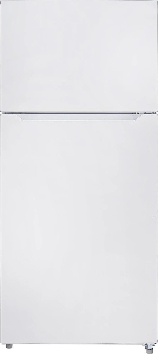 Front view of a white Climatic GRMH185AW top-freezer refrigerator with two doors