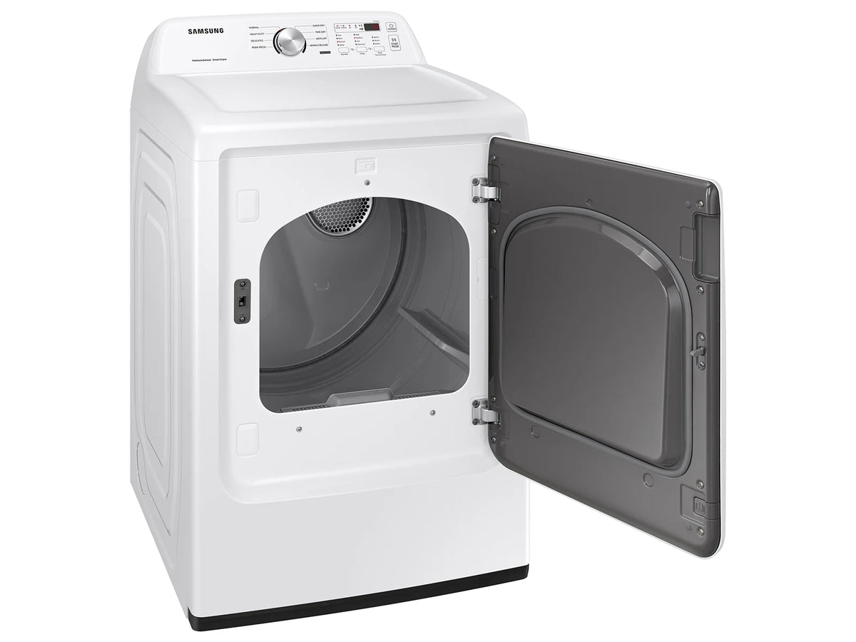 Samsung DVE45T3200W white electric dryer with reversible door open