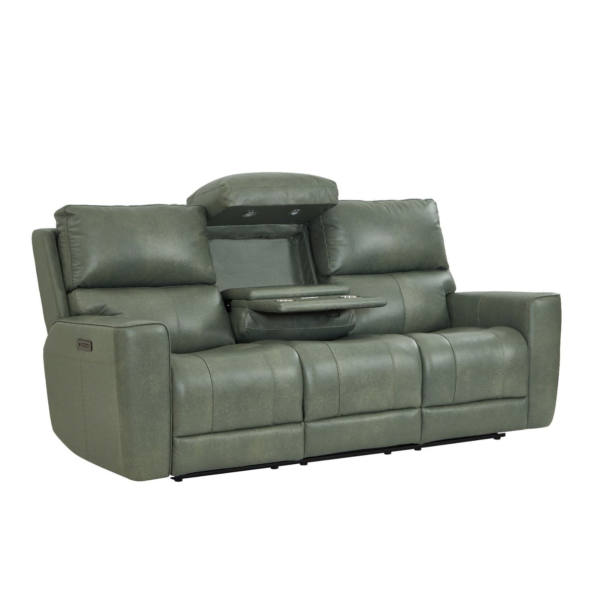 Leather Italia Laredo Sage Moss sofa with center table folded down, showing cupholders and lights