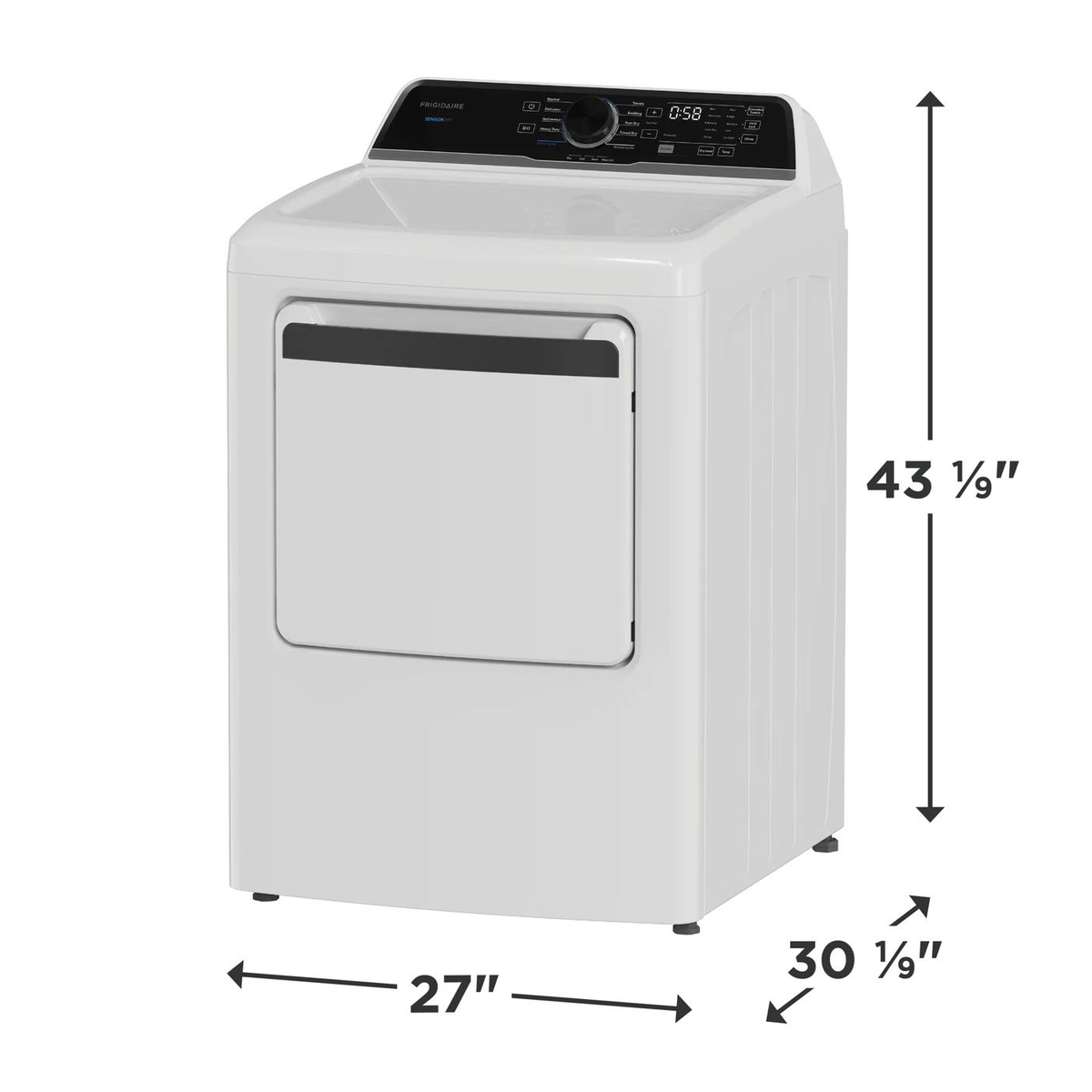 Frigidaire FLVE7523BW dryer dimensions: 27 inches wide, 30.1 inches deep, 43.1 inches high