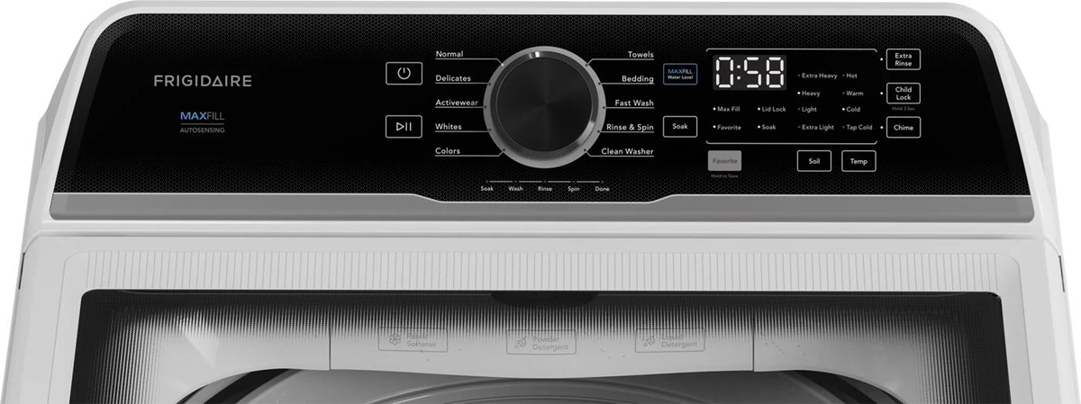 Frigidaire FLVW7523BW top-load washer control panel detail