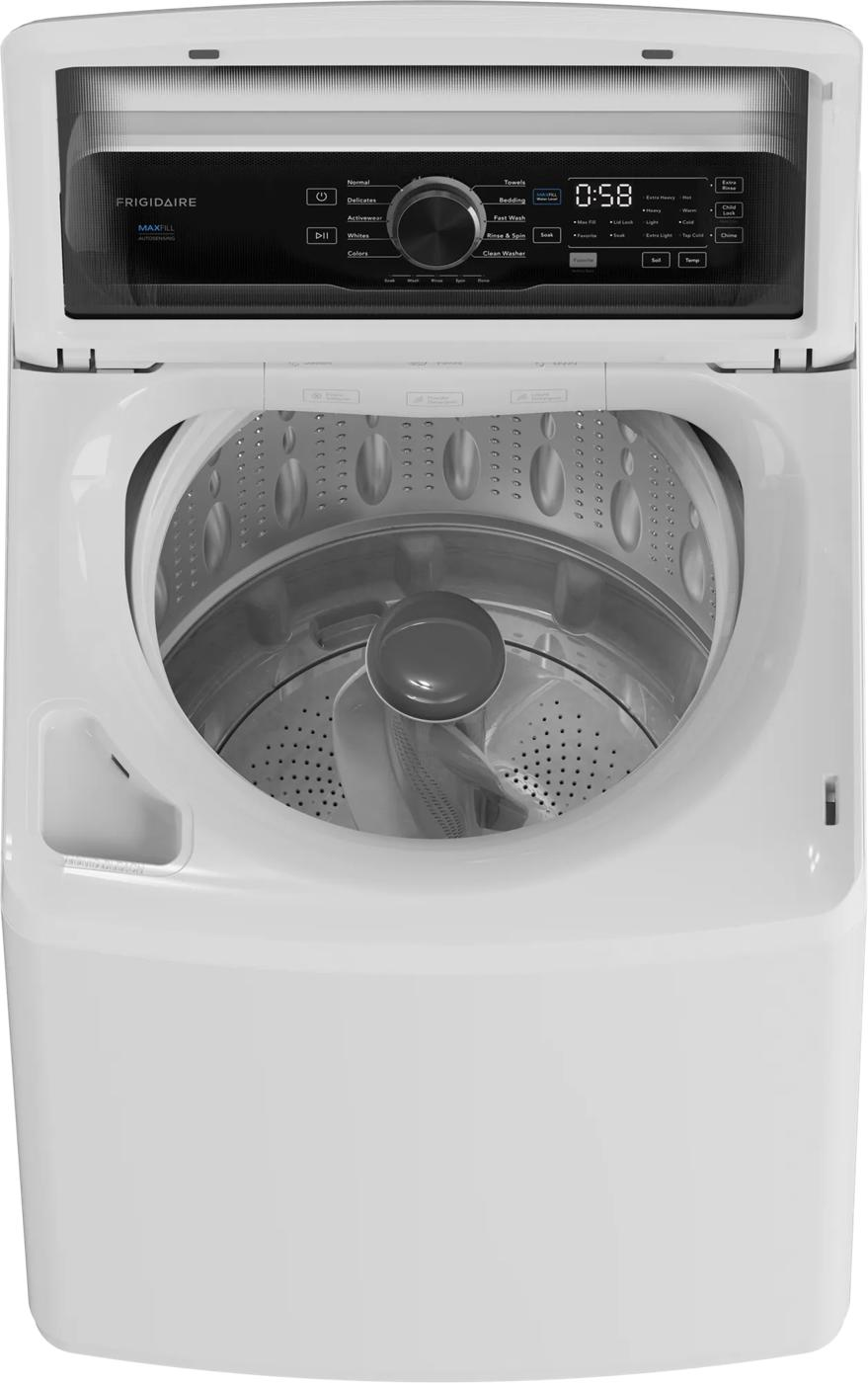 Frigidaire FLVW7523BW washer with lid open, showing the stainless steel drum and agitator