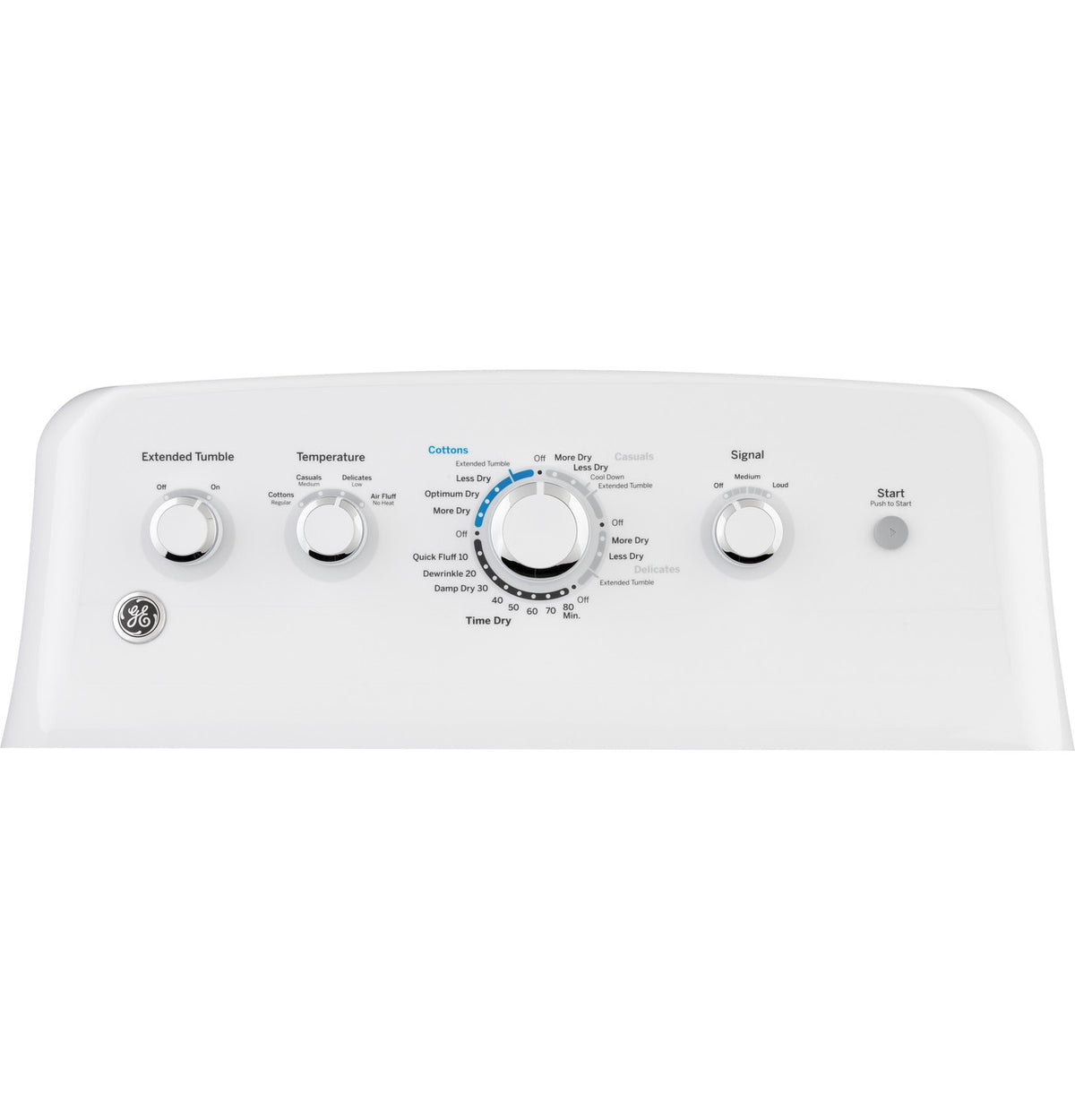 GE GTD42EASJWW electric dryer, cycle and temperature controls
