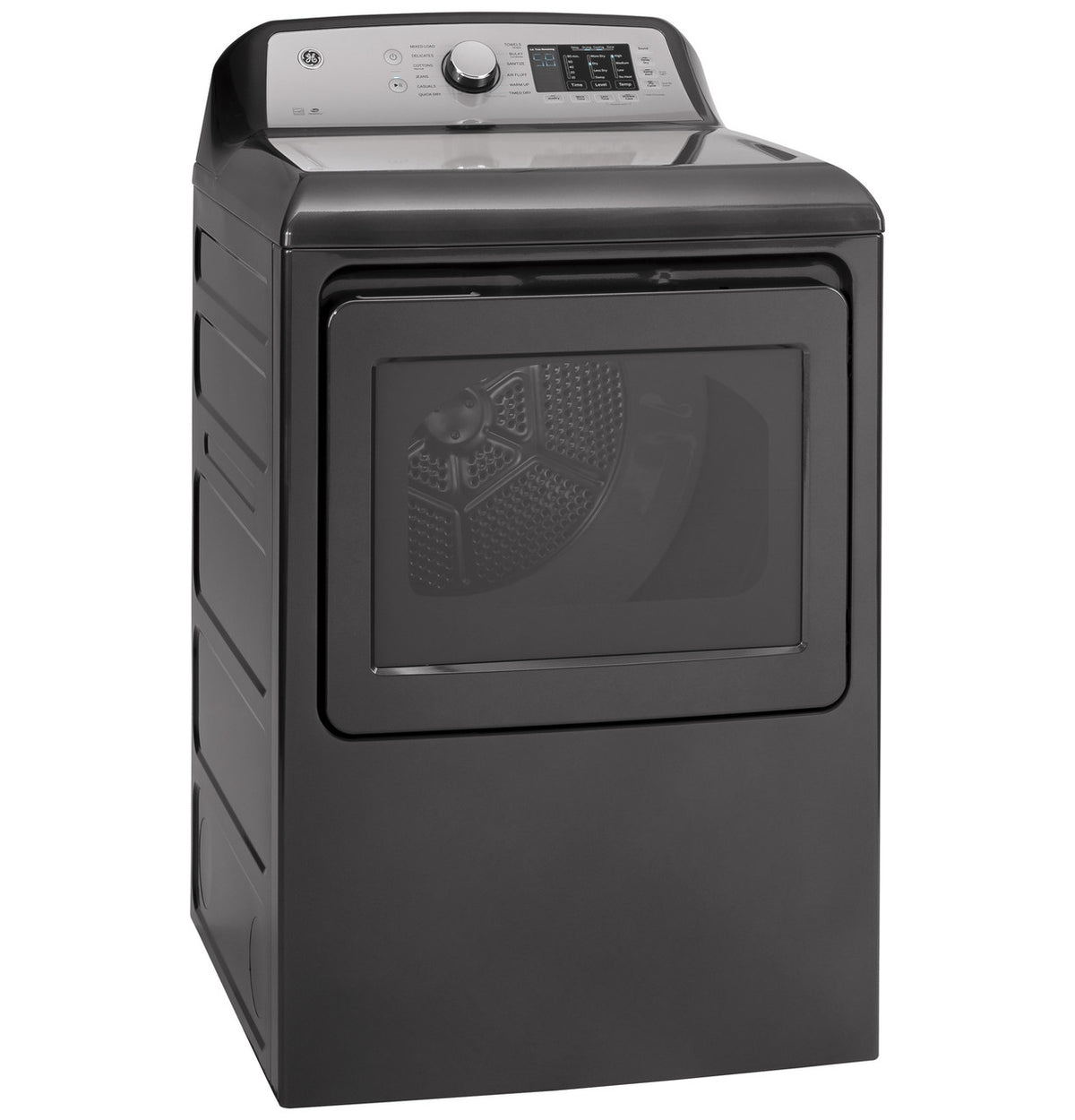 GE GTD72EBPNDG Diamond Gray electric dryer, angled exterior