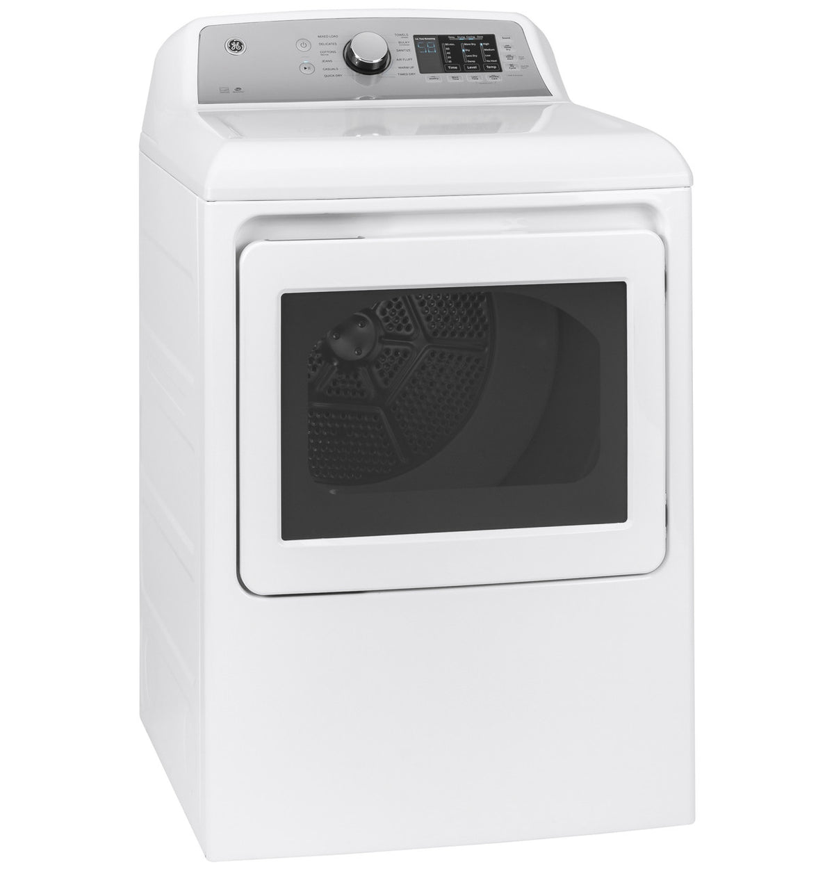 GE GTD72EBSNWS white electric dryer, angled exterior