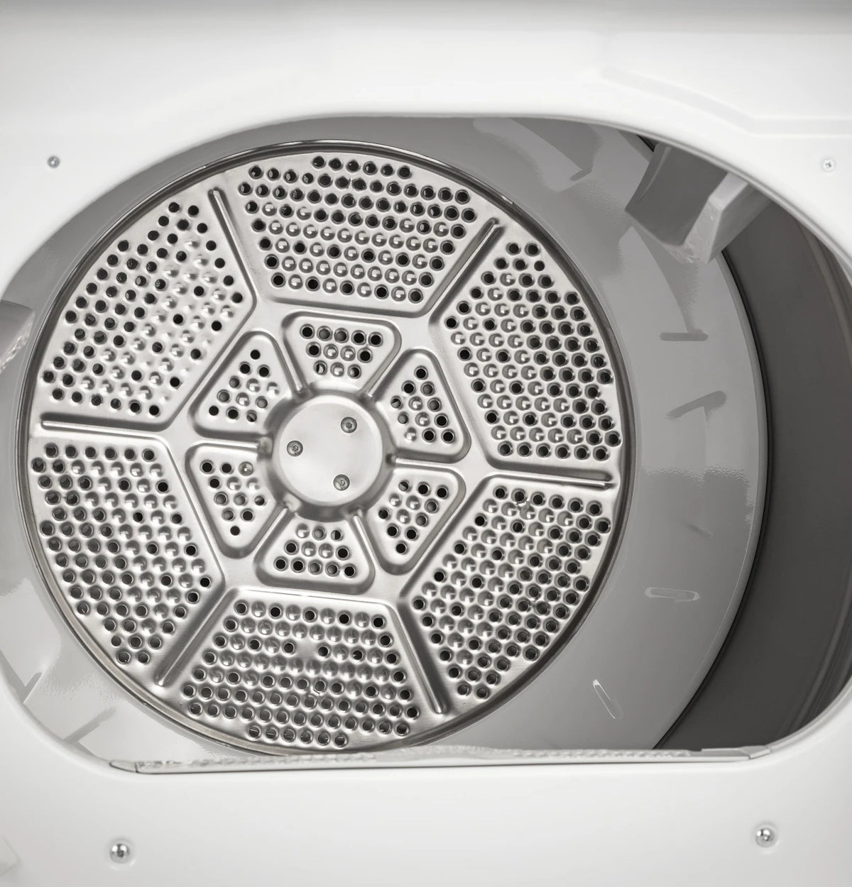GE GTD72EBSNWS electric dryer, aluminized alloy drum detail