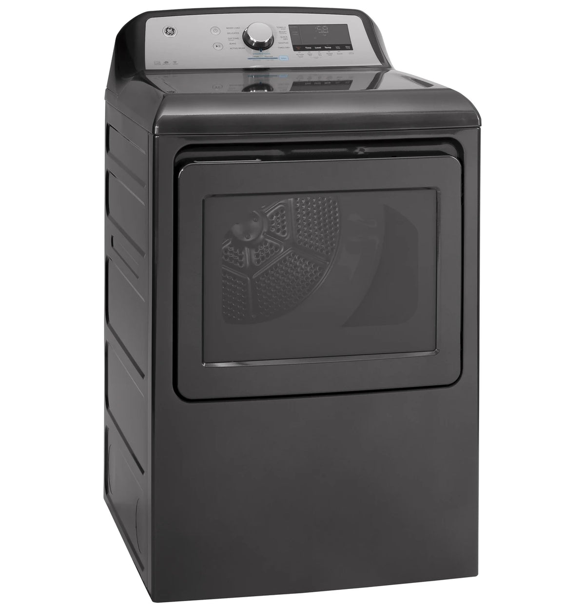 GE GTD84ECPNDG Diamond Gray electric dryer, angled exterior