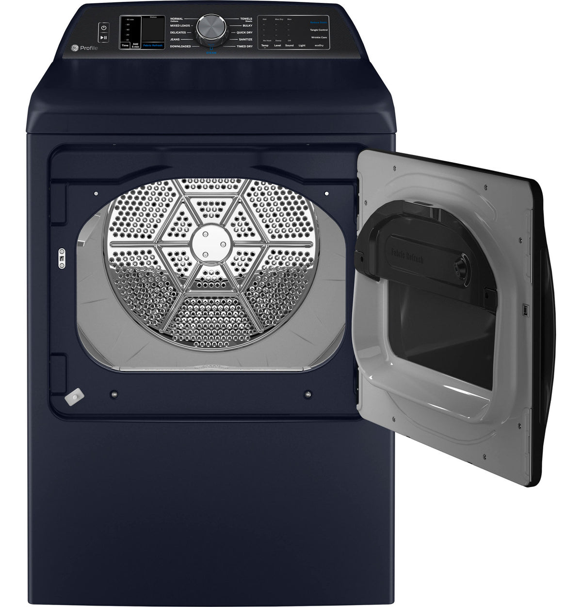 GE Profile PTD90EBPTRS electric dryer, open door and drum