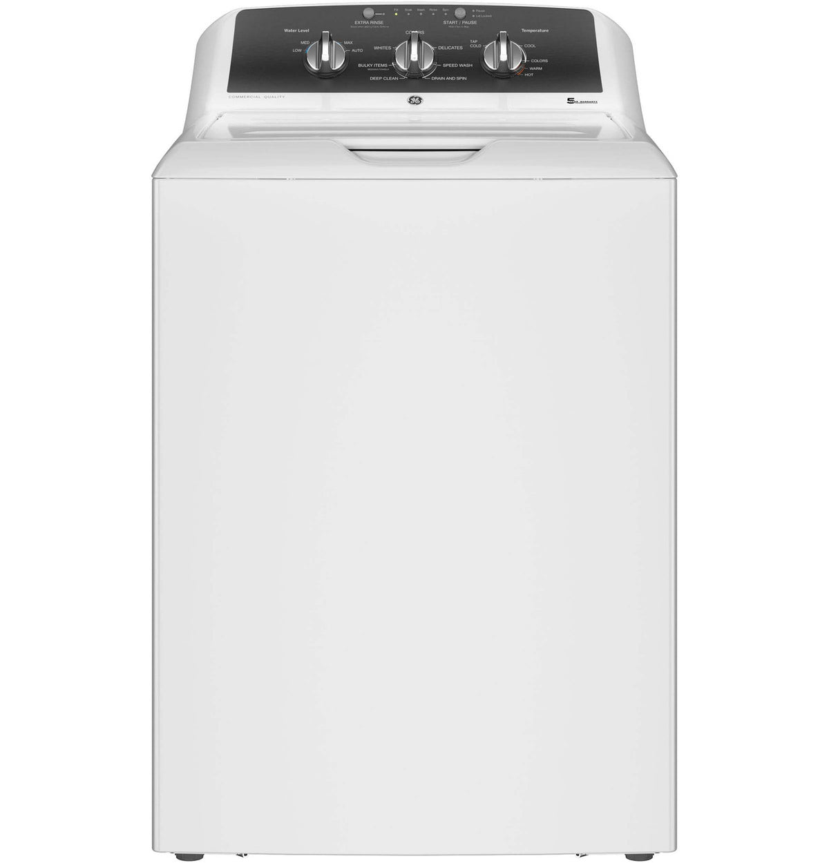 GE GTW525ACWWB white top-load washer, front exterior view