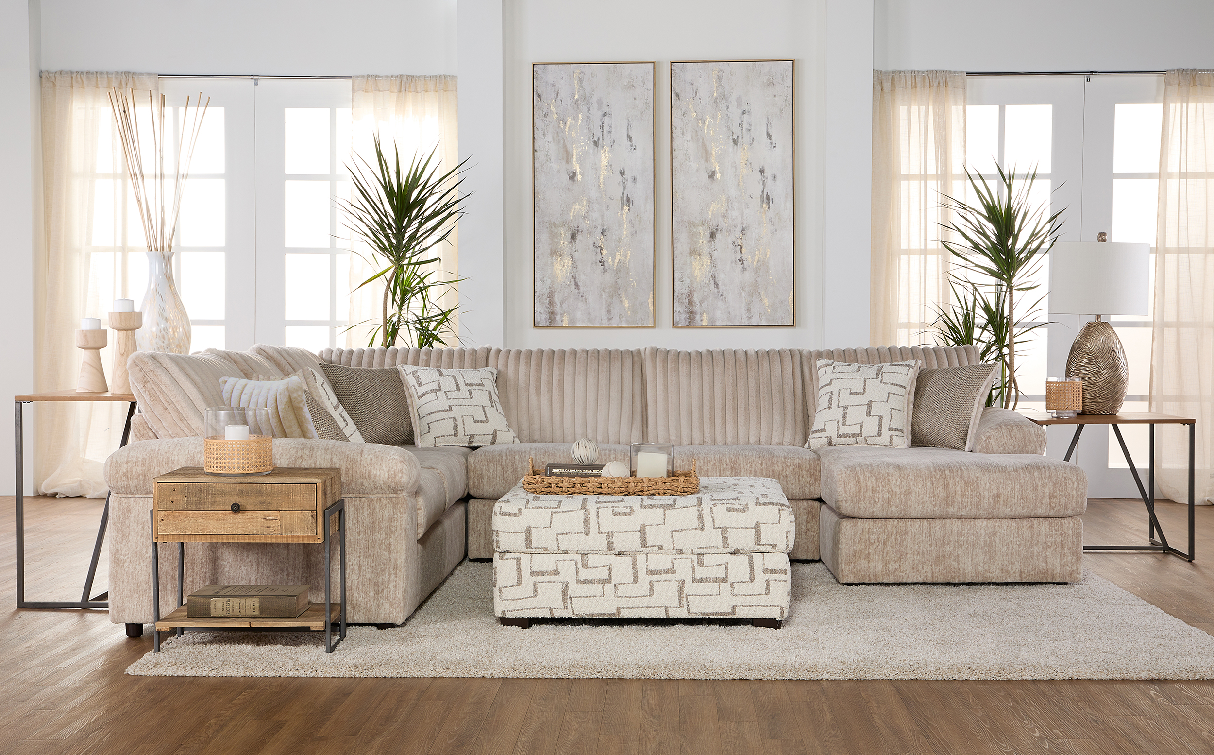 Hughes Furniture Galactic Parchment Beige Patterned Cocktail Ottoman