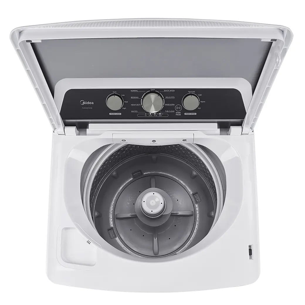 Midea MLTW41A1BWW top-load washer, open lid and agitator