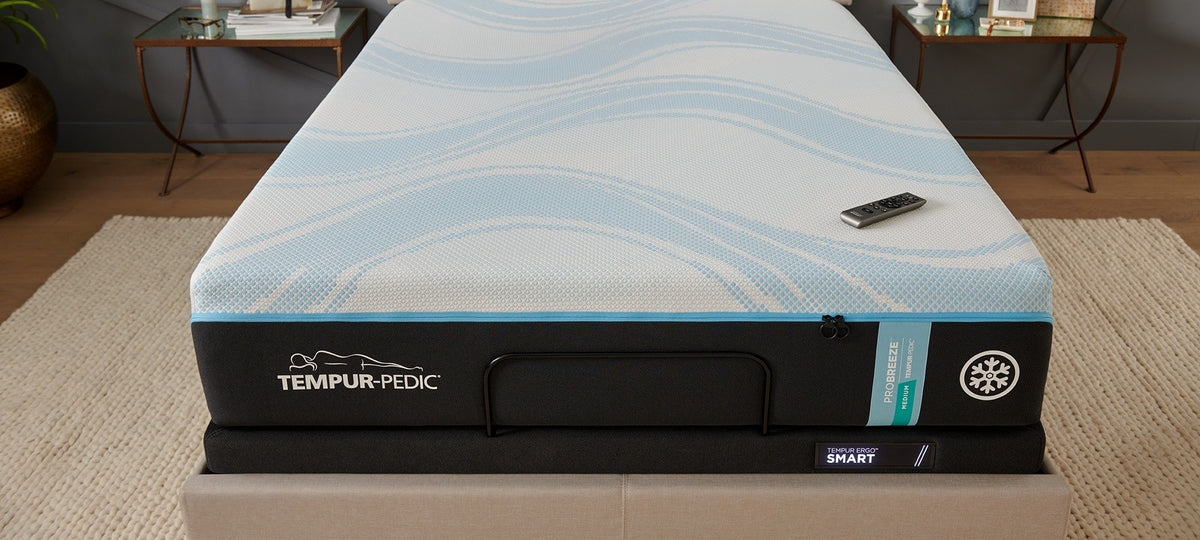 Tempur-Pedic ProBreeze 2.0 Medium mattress cover and side detail; adjustable base sold separately; photographed size may differ from Queen