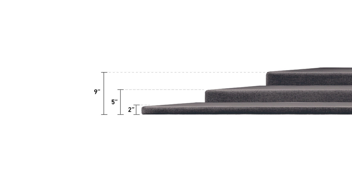 TEMPUR-Flat foundation profile comparison: two-inch, five-inch, and nine-inch heights; this listing is nine-inch Queen
