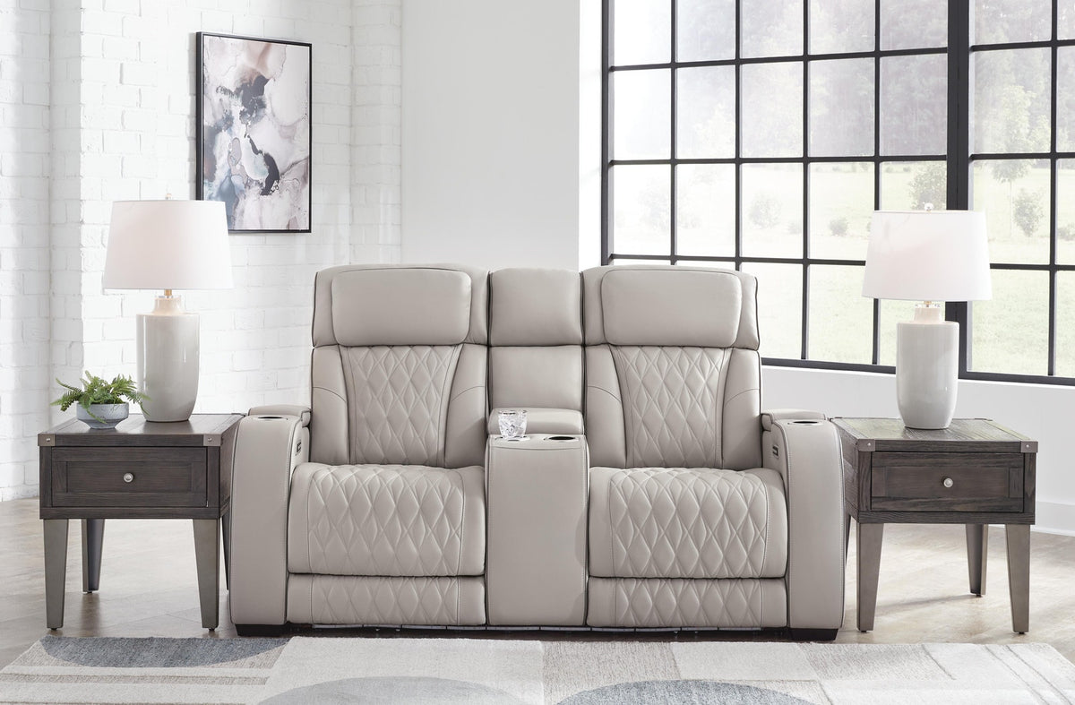Ashley Boyington U2710518 gray loveseat with console, closed front view