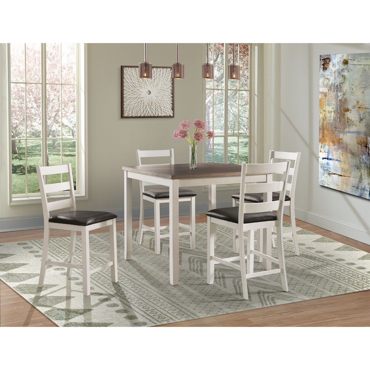Full view of the Elements International 5-PC Pub Set in a bright dining room, showcasing the table and four stools in a contemporary setting.