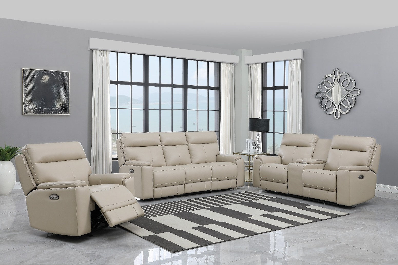 Full view of the 3-piece power reclining living room set, featuring a sofa, loveseat, and armchair, displayed in a modern interior setting.