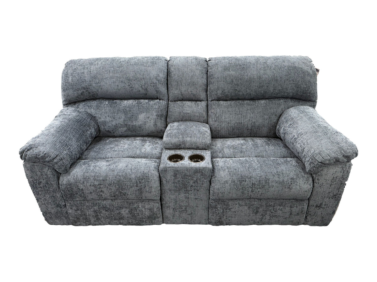 Affordable Furniture 1420 Wow Navy Reclining Console Loveseat — actual tagged floor photograph isolated on white; one item only