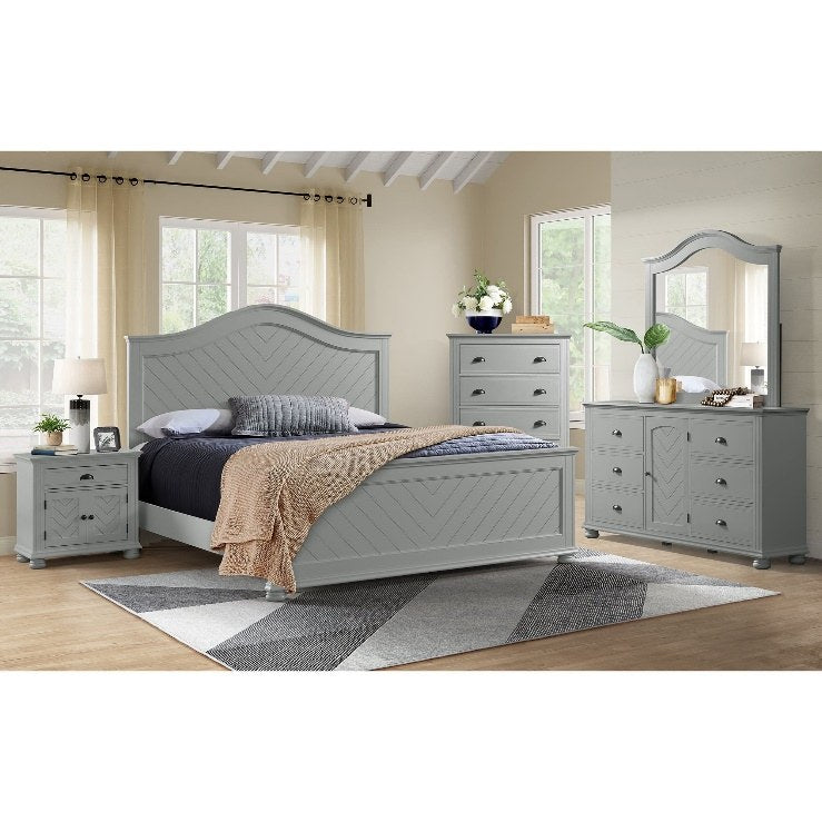 Full bedroom set in a sophisticated grey finish, highlighting the B-9340 6-drawer dresser with mirror prominently on the right, accompanied by a matching bed, nightstand, and chest, in a complementary room setting.
