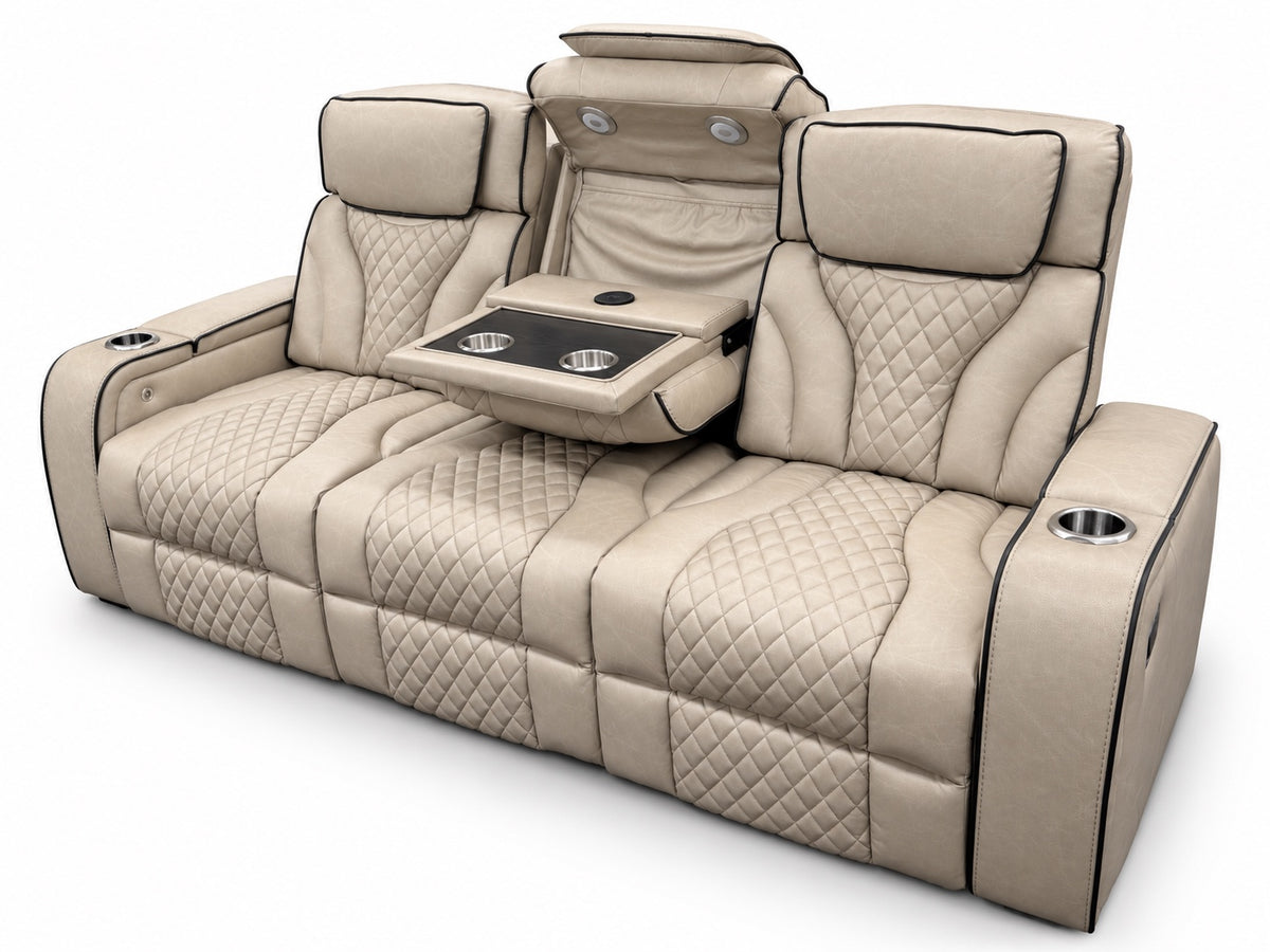 Elements Blitz Simba Taupe reclining sofa with the center table open, showing cupholders, charging pad and reading lights