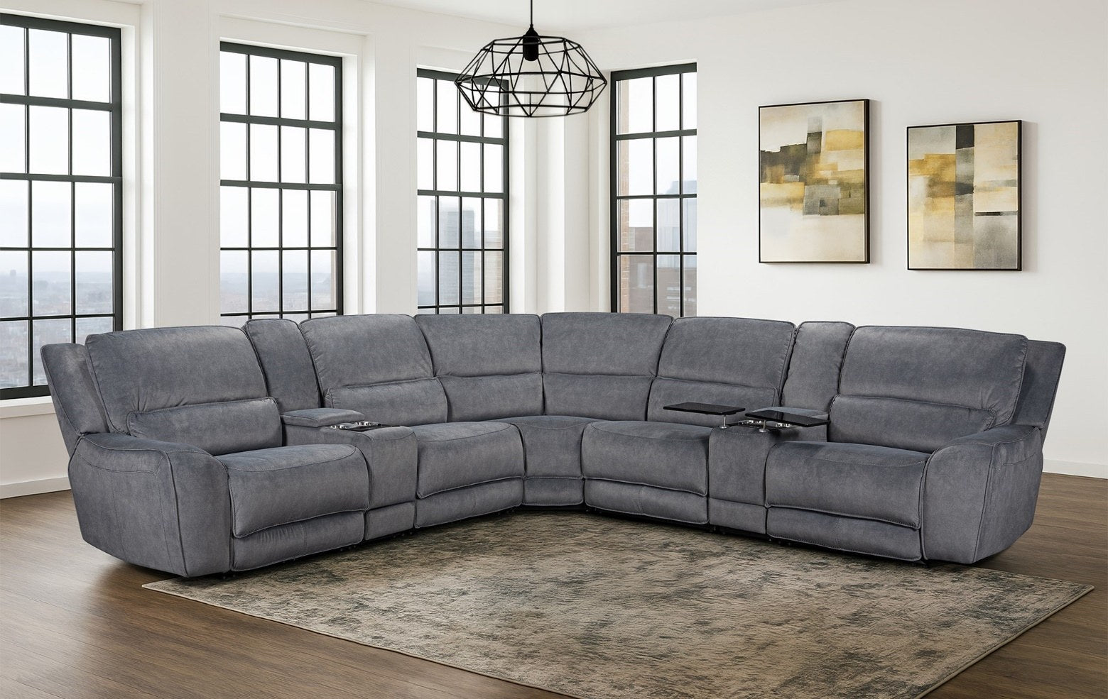 Elements International U15500 Dolphin Dual Power 7-Piece Reclining Sectional - Gray