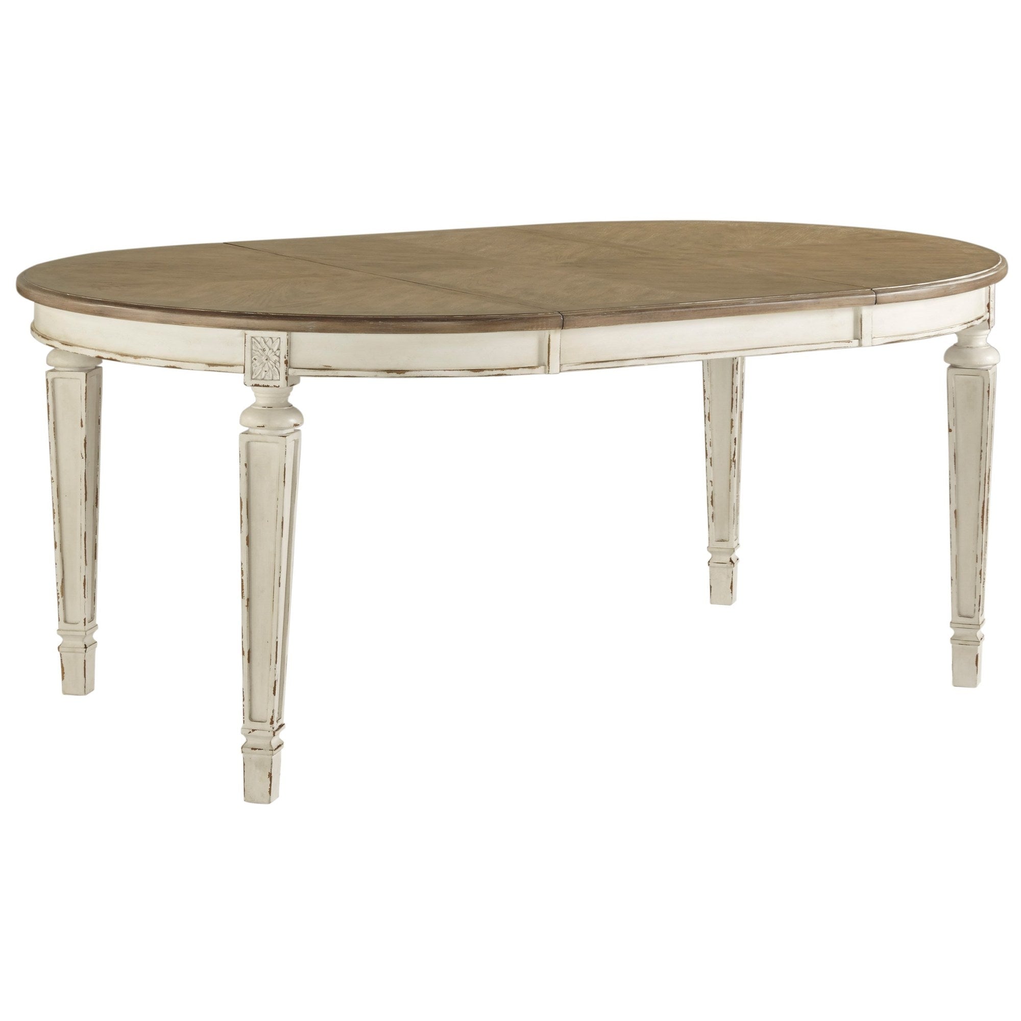 Clear angled shot of the oval dining table, highlighting its two-tone finish, distressed white base, and elegant leg details.
