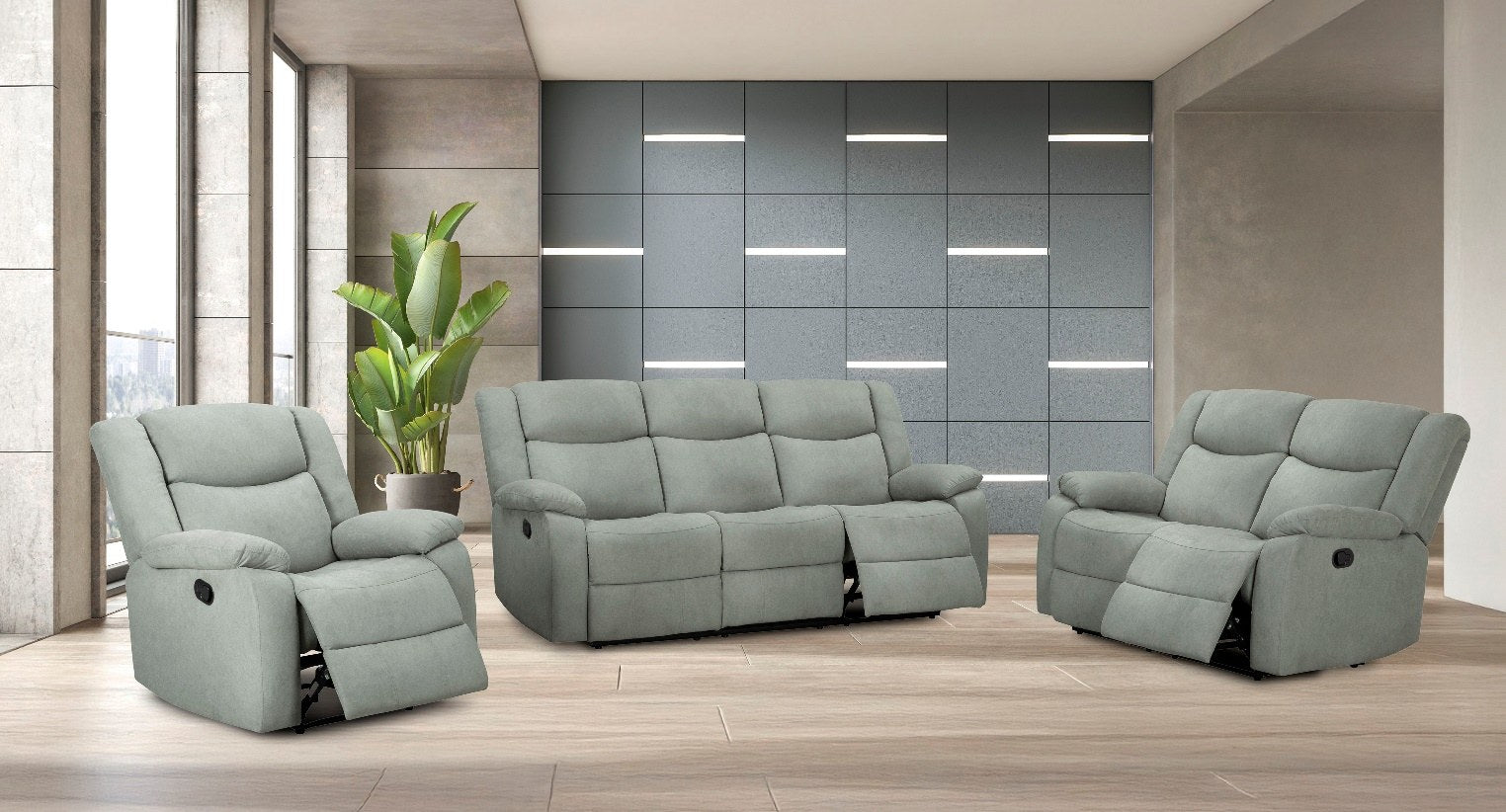 Full view of the Lifestyle Furniture 3-piece reclining set, including a sofa, loveseat, and single recliner, showcased in a modern living room.