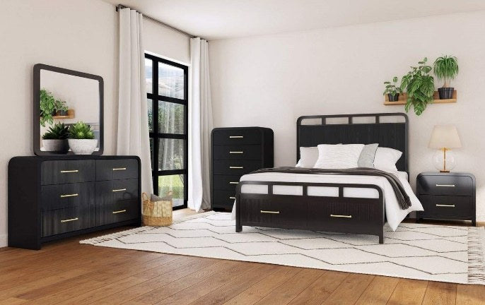 Full bedroom set view featuring a modern bed, dresser, mirror, chest, and nightstand in a dark wood finish with gold-tone hardware.